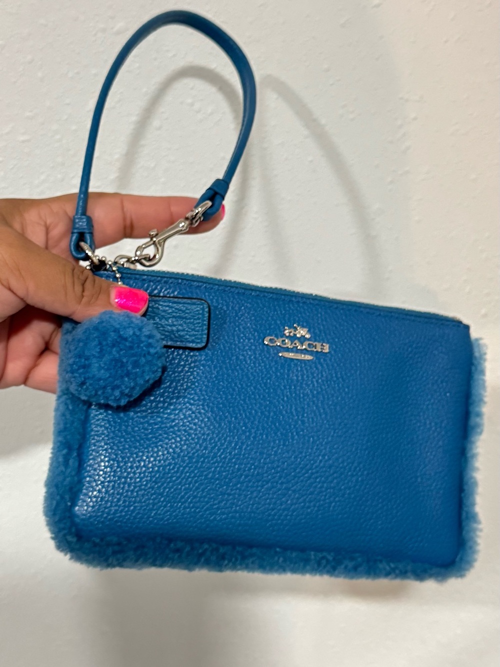 Coach Teal-Blue Faux-Shearling Leather Wristlet with Pom Charm